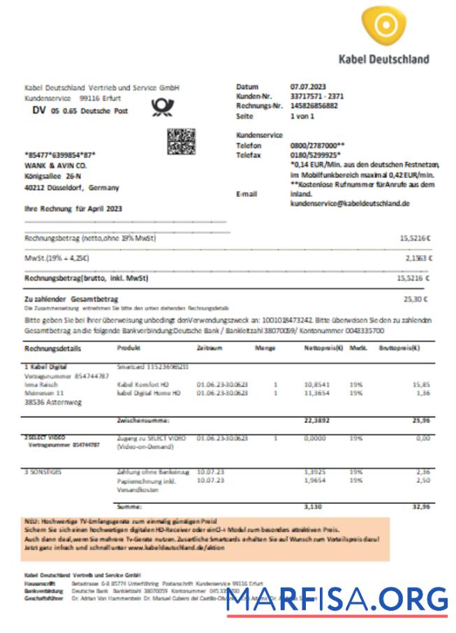Blank Germany TV Cabel utility business bill, SCR example